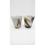 Two Art Glass vases with orange and brown coloured marbling to the clear glass with opaque white