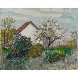 A framed oil on canvas, house in a garden signed I Sinka and inscribed to the reverse. H.90 W.110cm