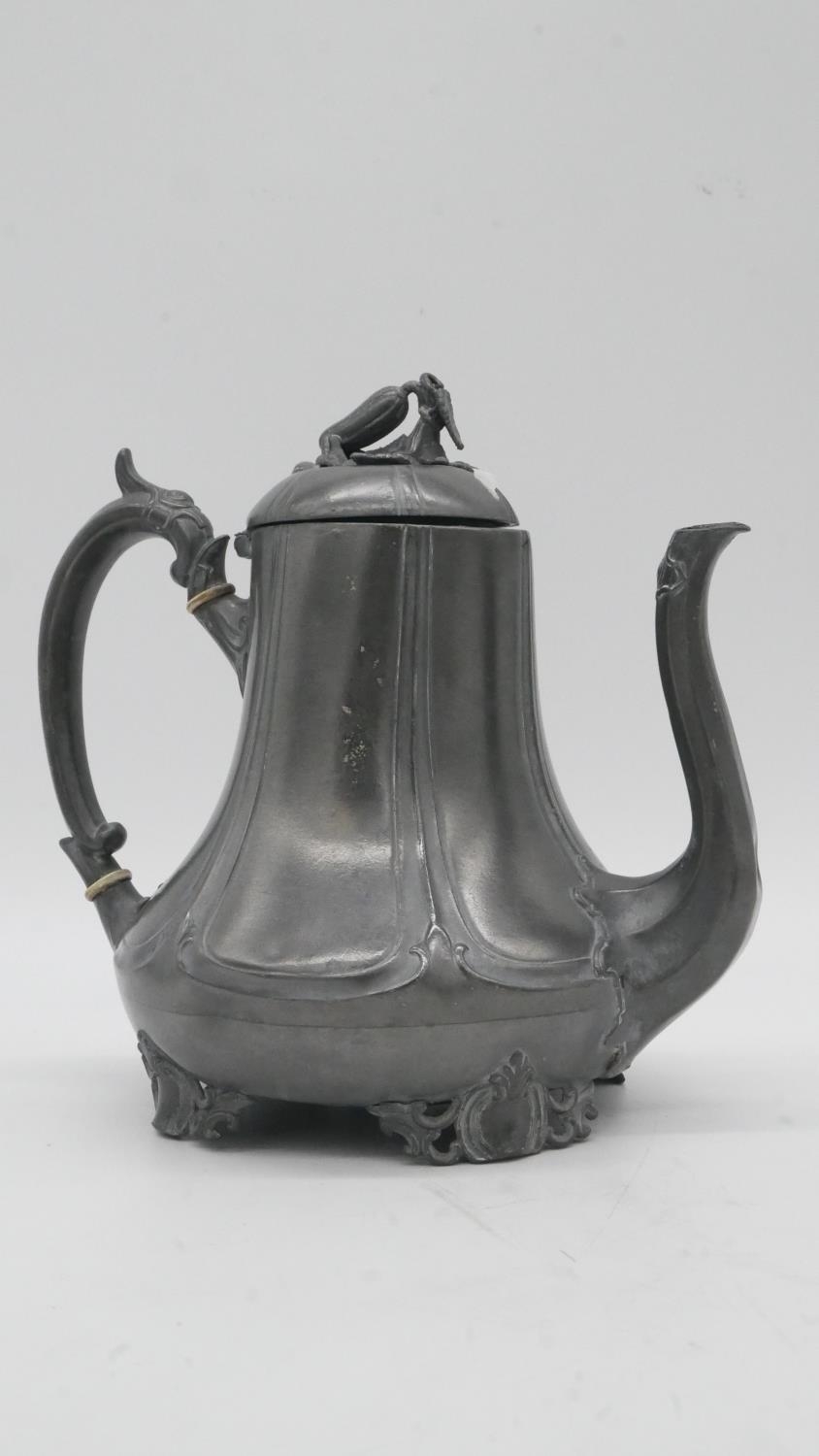 A 19th century pewter Shaw & Fisher gourd teapot with two pewter twin handled warming dishes by - Image 3 of 9