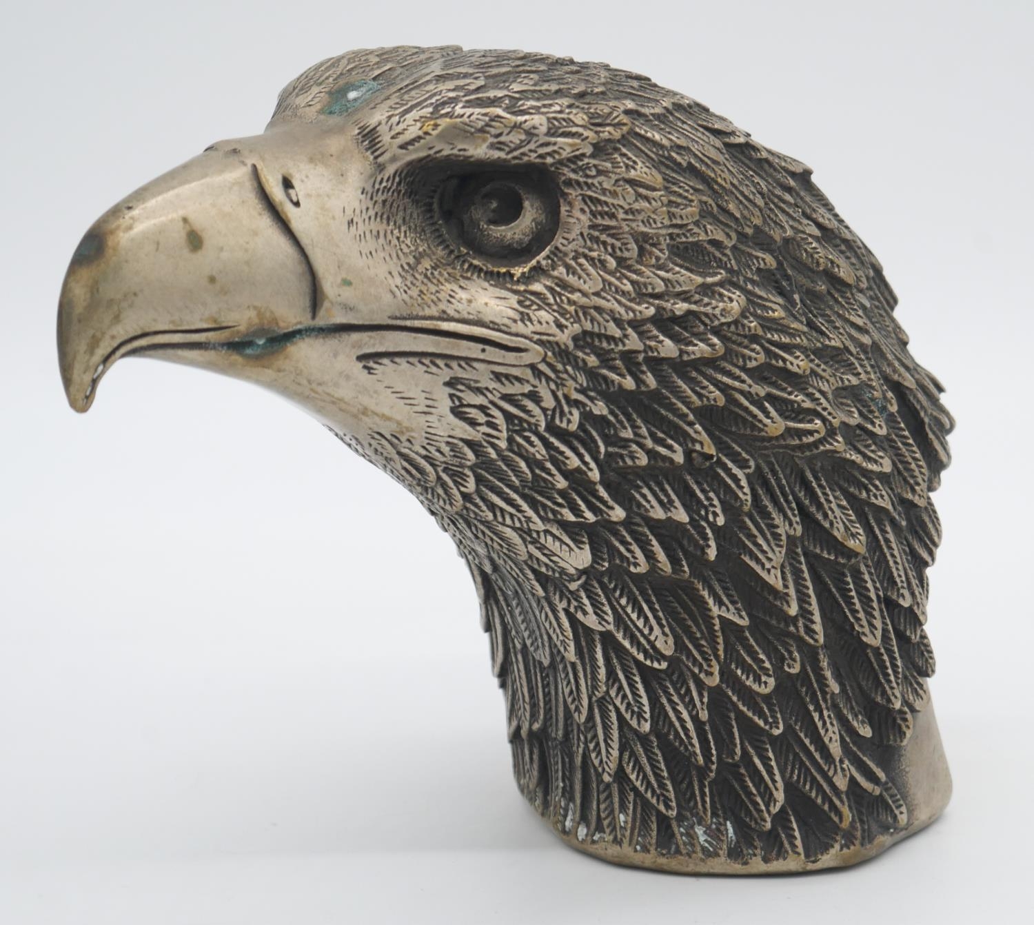 A carved wooden tribal figure along with a cast silver plated eagles head, a double dragon stamp - Image 4 of 7