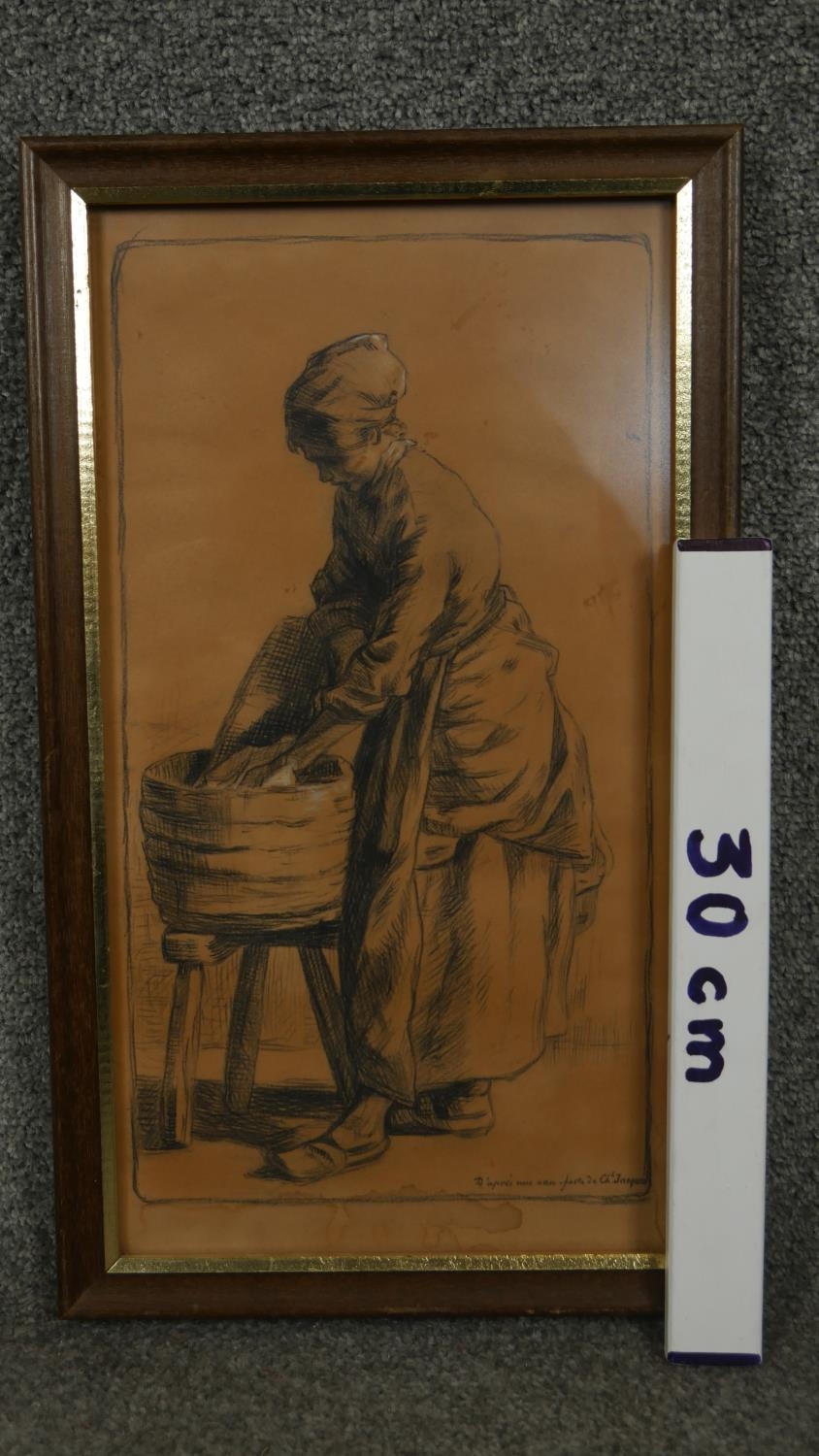 After Charles Émile Jacque- A framed and glazed charcoal and pastel on paper of a washer woman. - Image 6 of 6