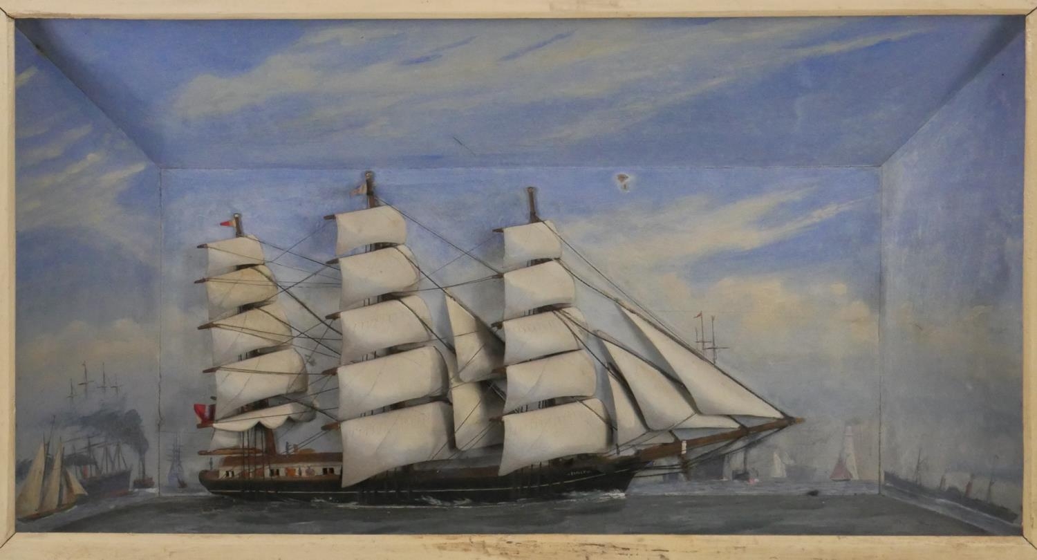 A 19th Century half block diorama, in the form of a three masted clipper at sea, painted