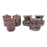 Two sets of three treacle glaze ceramic early Victorian shash windows stops. Three as lion heads and