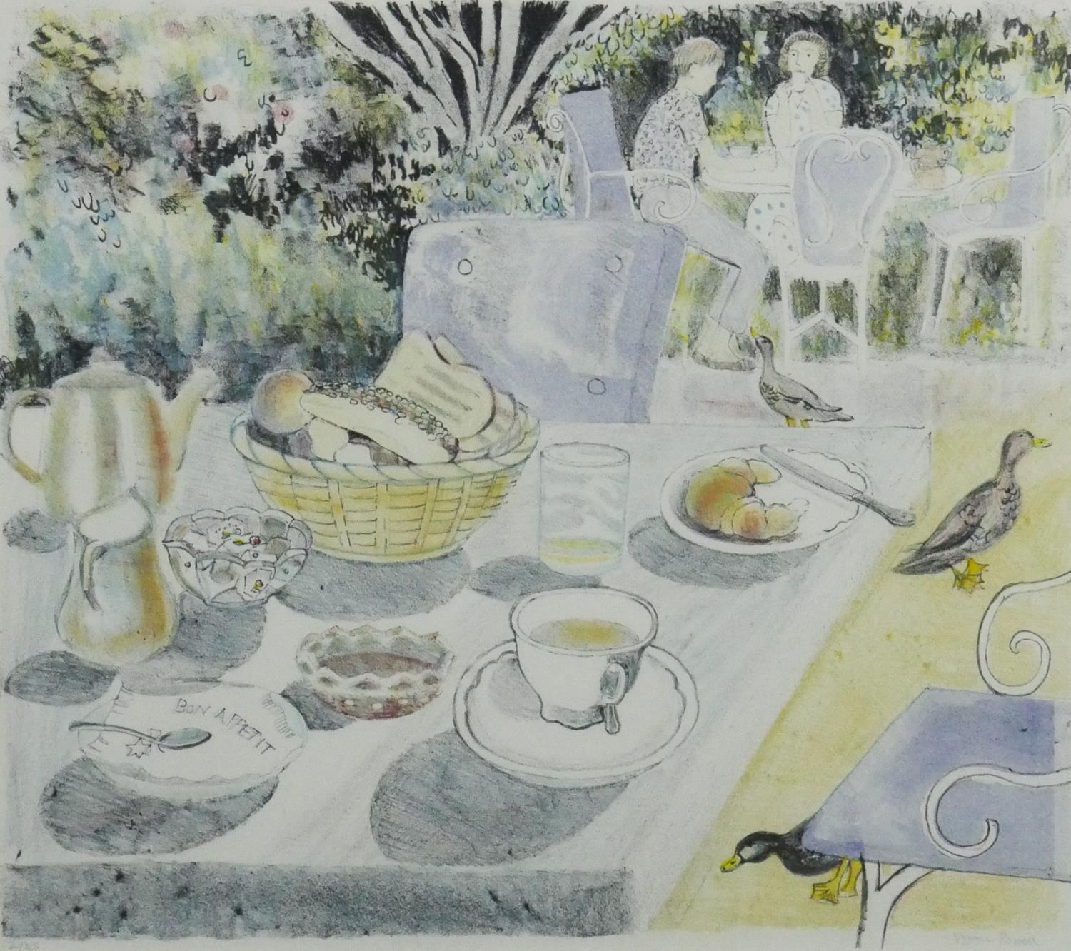 A framed and glazed aquatint, Breakfast with Ducks, Provence, signed Virginia Powell. H.62 W.64cm