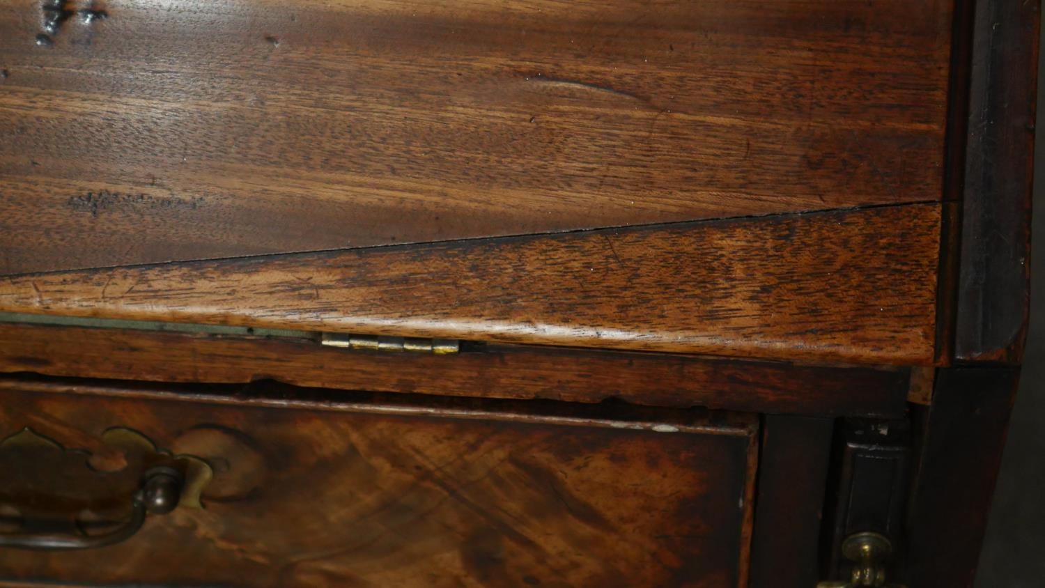 A Georgian mahogany bureau the fall front revealing inlaid and fitted interior above four long - Image 6 of 6