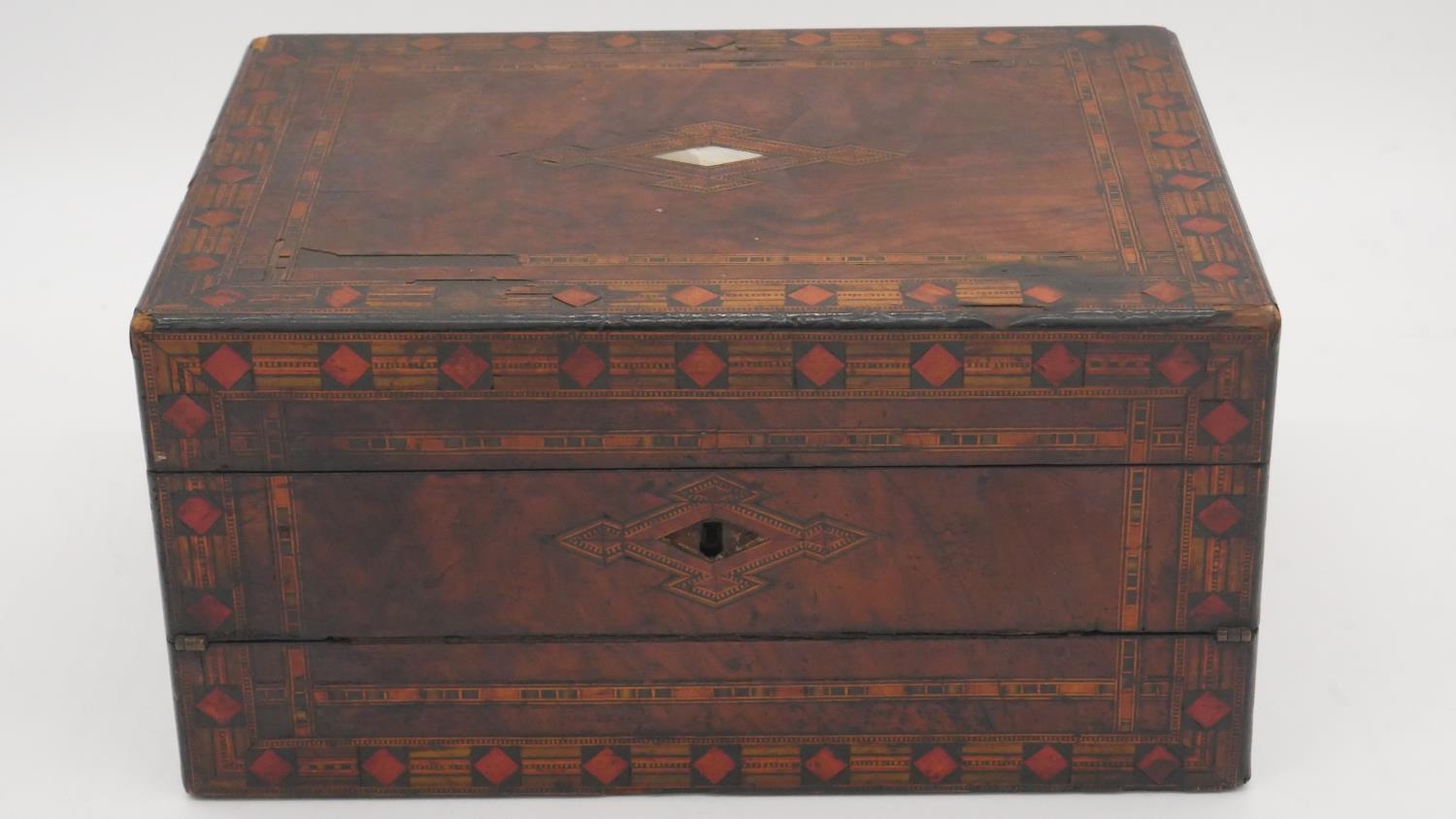 A 19th century Tunbridge inlaid writing slope, a similar walnut and brass bound box along with a - Image 3 of 8