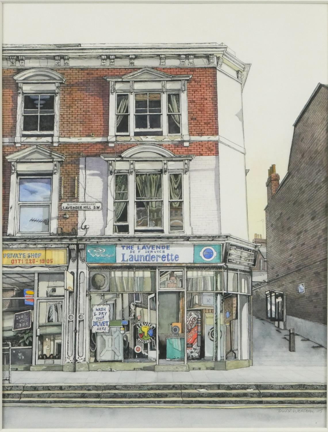 David Western (B.1959) A framed and glazed watercolour and ink on paper of Launderette, Lavender
