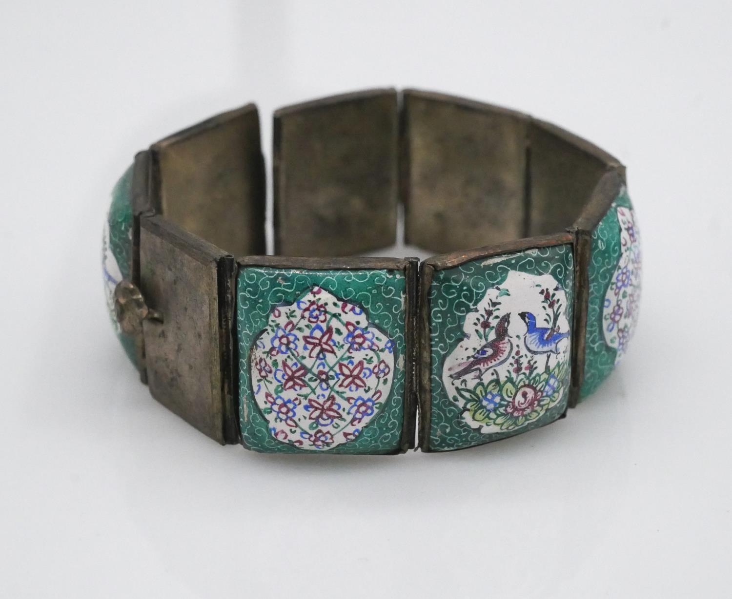 A Peking enamel panel articulated bracelet, a micro mosaic floral design bracelet and two white - Image 8 of 10