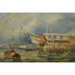 A framed and glazed 19th century watercolour of sailing boats with crew going ashore. Unsigned. H.35