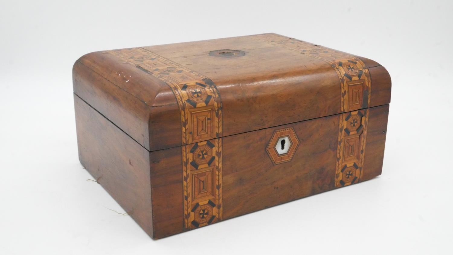 Three various 19th century Tunbridge inlaid hinged lidded walnut boxes. - Image 2 of 5