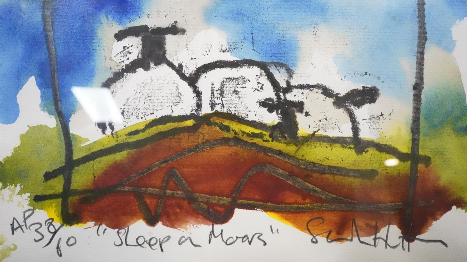 Sarah Hutton- A framed and glazed artists proof signed print. Titled 'Sheep on Moors'. Signed by