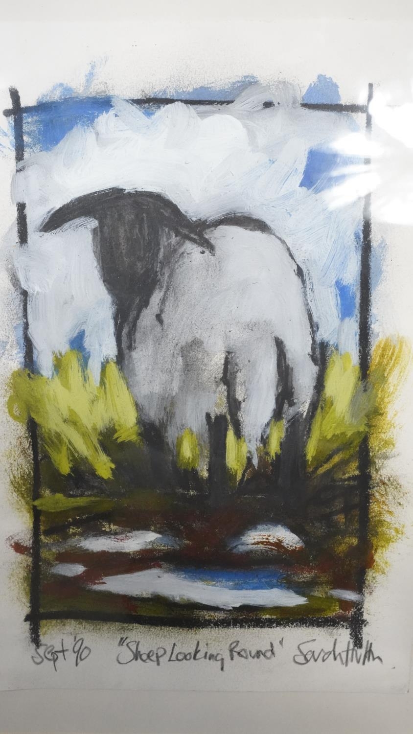 Sarah Hutton, a framed and glazed watercolour and oil on paper. Titled 'Sheep looking round',