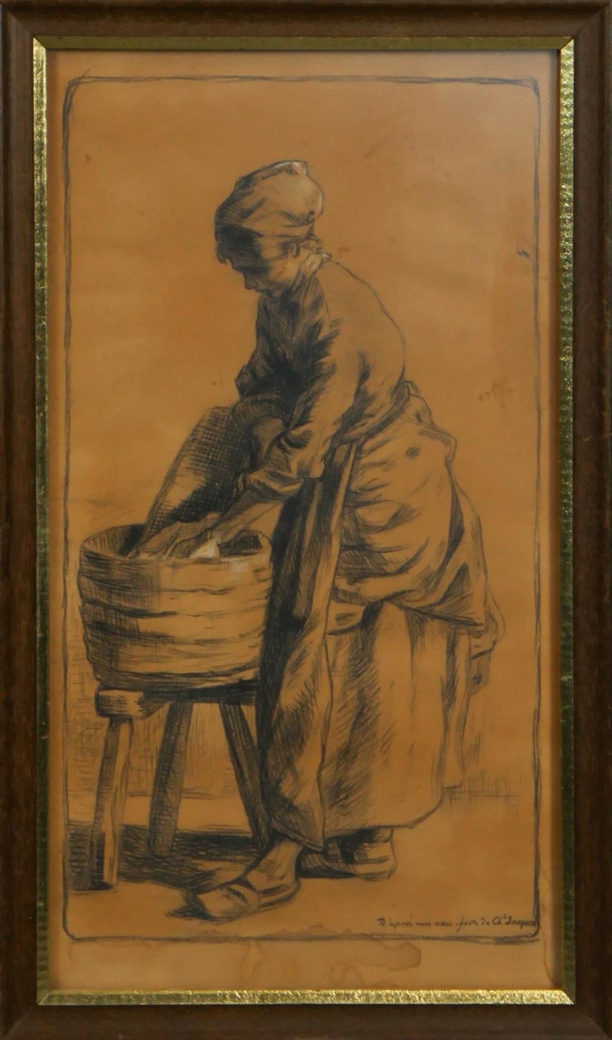 After Charles Émile Jacque- A framed and glazed charcoal and pastel on paper of a washer woman. - Image 2 of 6