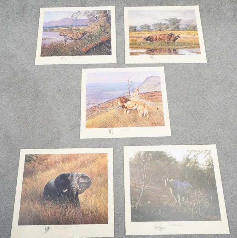 A set of five Larry Norton prints of the 'Big Five' safari animals in presentation folder. There are - Image 2 of 11