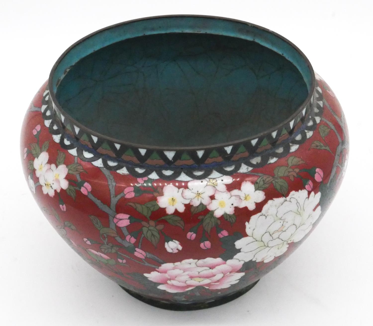 A Meji period Japanese cloisonne enamel on brass jardinere with red ground and decorated with - Image 2 of 5