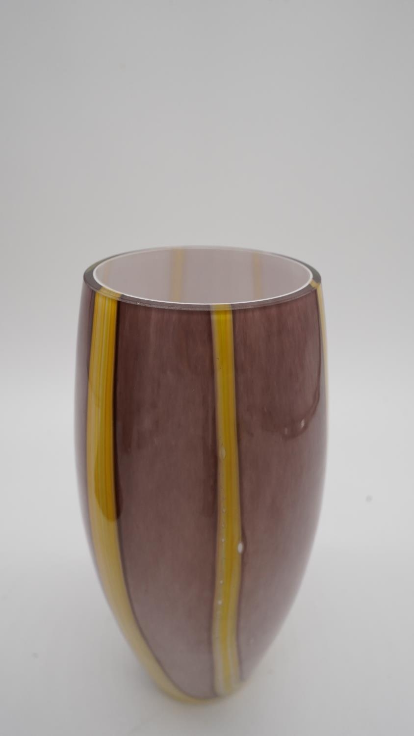 Three Art Glass vases with orange and purple coloured marbling to the clear glass with opaque - Image 4 of 8