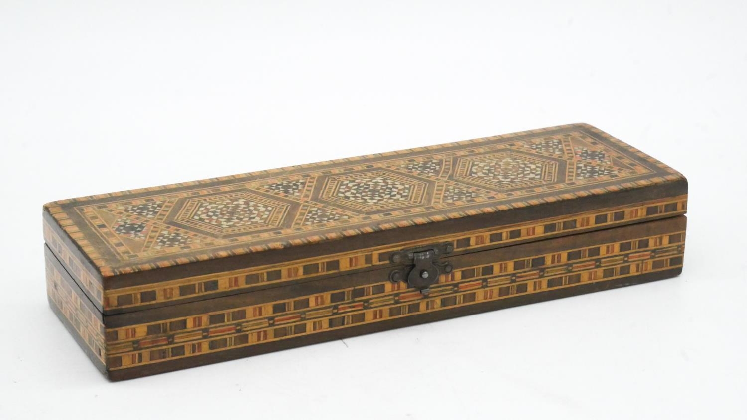 A 19th century walnut Tunbridge inlaid jewellery box and two Damascus style inlaid pen boxes. L.28cm - Image 5 of 8