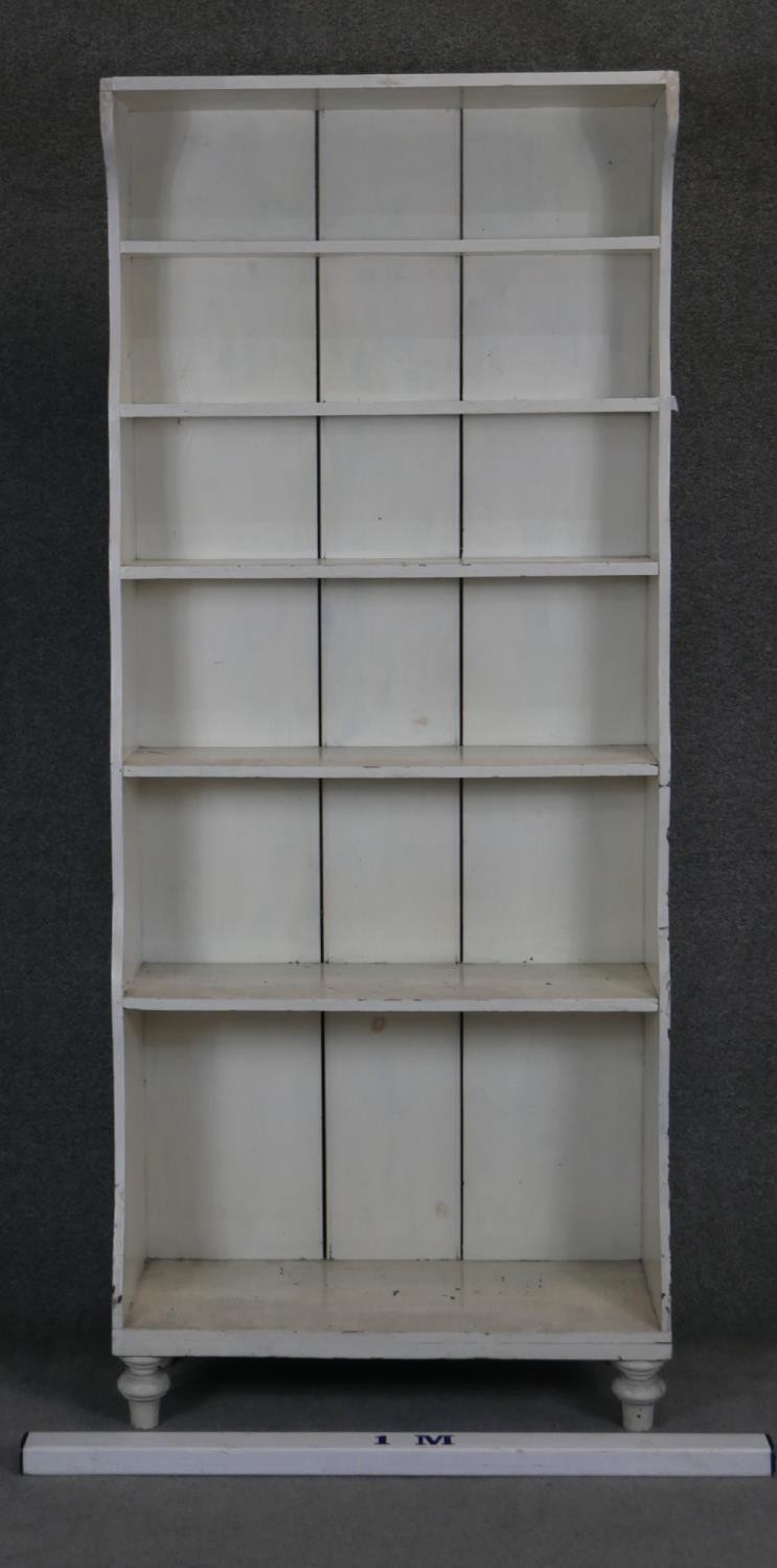 A 19th century painted floor standing waterfall open bookcase on turned supports. H186 W77 D33cm - Image 2 of 3