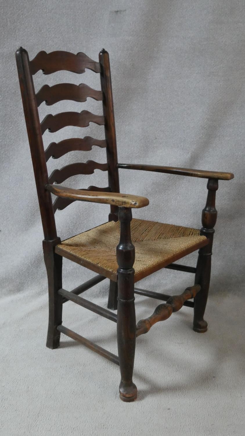 A matched set of six 19th century elm Lancashire ladderback dining chairs on turned stretchered - Image 10 of 10
