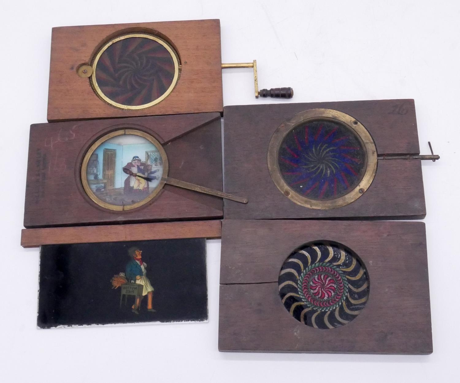 Thirteen mechanical 19th century wooden coloured glass magic lantern slides. Various designs and - Image 4 of 5