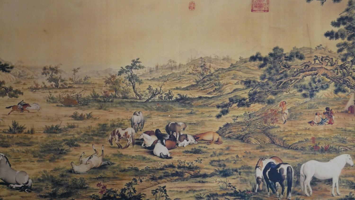 A printed Chinese scroll of a landscape with horses. L.264 W.34cm - Image 9 of 12