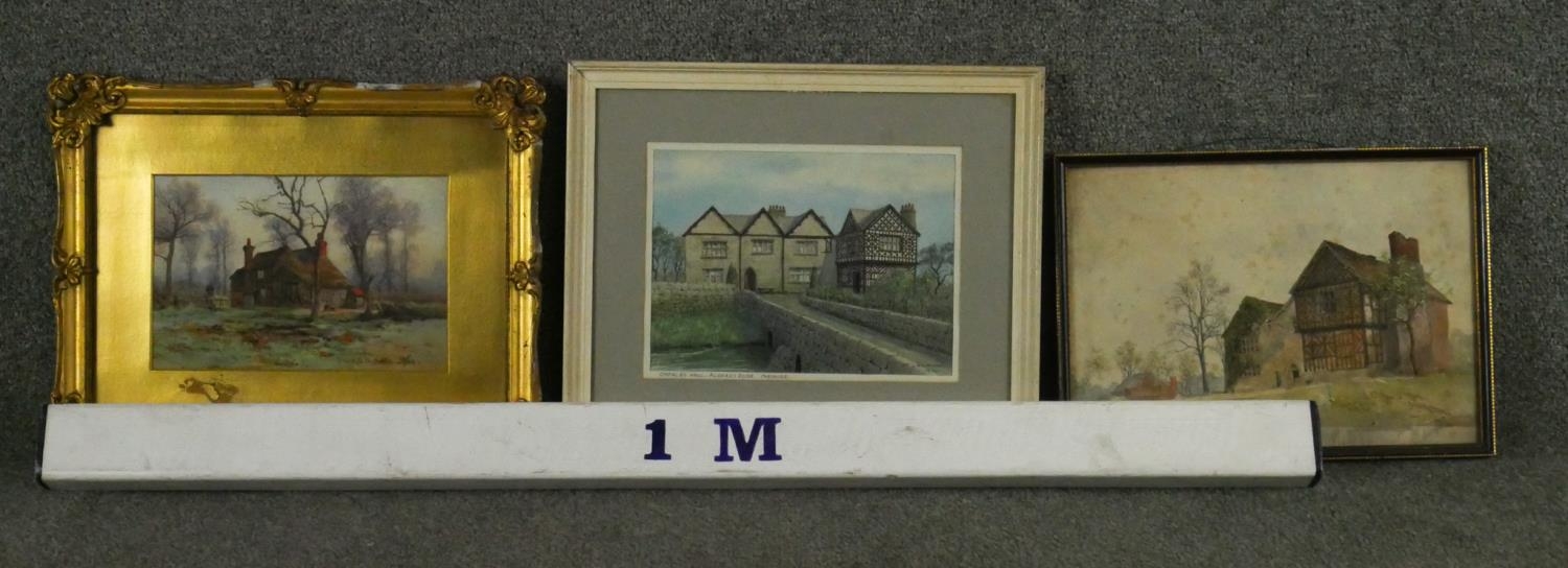 Three framed and glazed watercolors of houses. One of Chorley Hall, Alderley Edge, indistinctly - Image 5 of 5