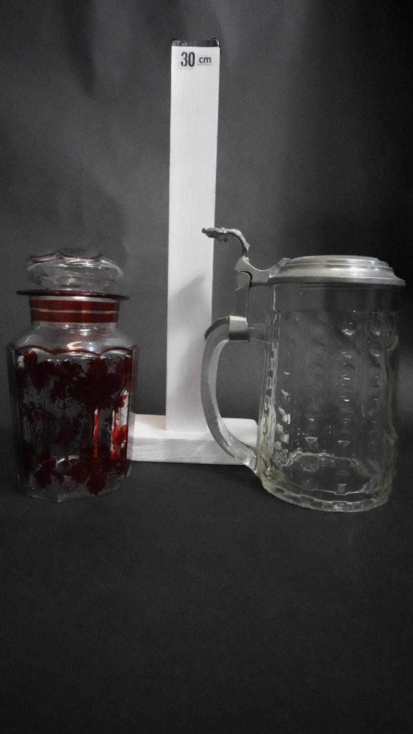 A Bohemian ruby flash glass lidded jar with vine design along with a cut crystal glass lidded - Image 6 of 6