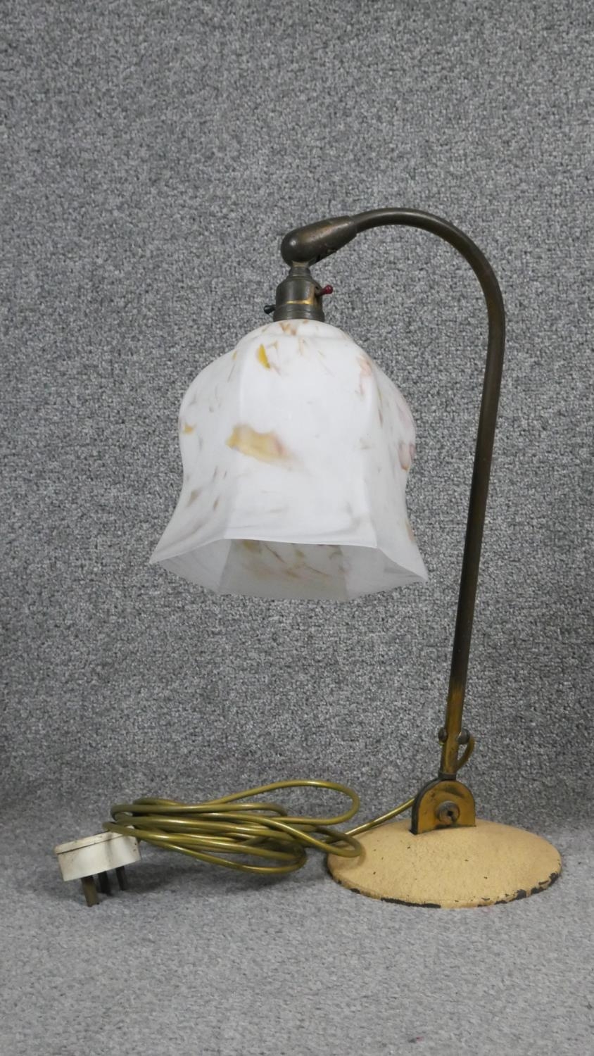 A victorian style brass and engraved glass ceiling lantern along with a vintage enamel desk lamp - Image 2 of 4
