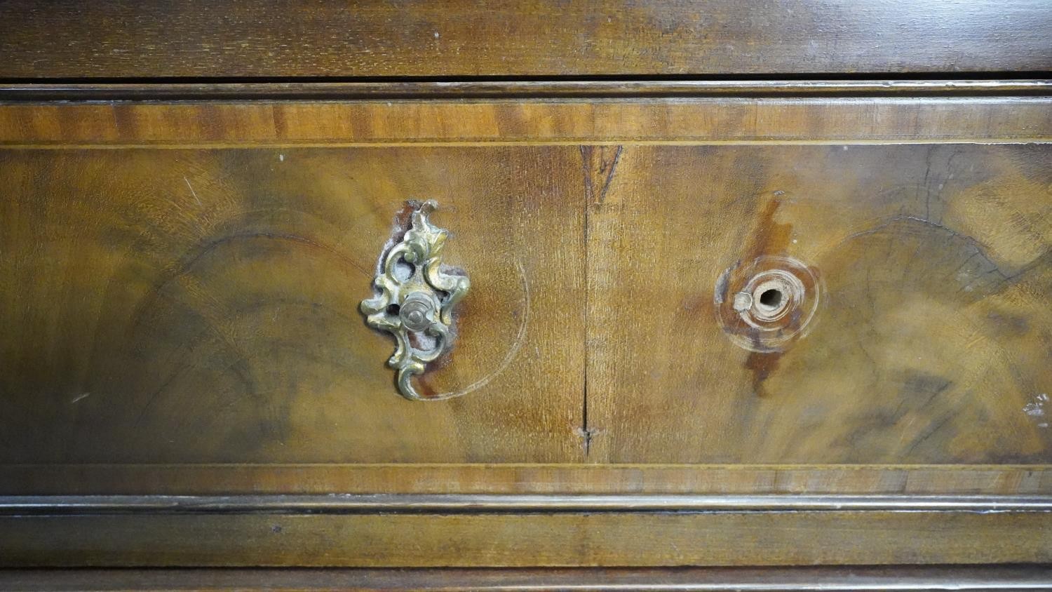 A Georgian flame mahogany and crossbanded bureau with fitted interior on shaped bracket feet. H. - Image 7 of 9
