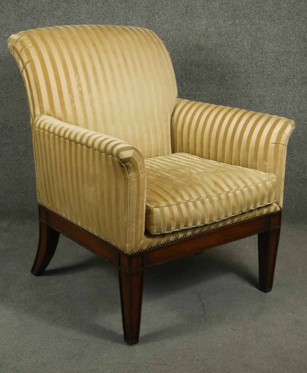 A Regency style mahogany upholstered library armchair on square tapering supports and sabre supports - Image 3 of 3