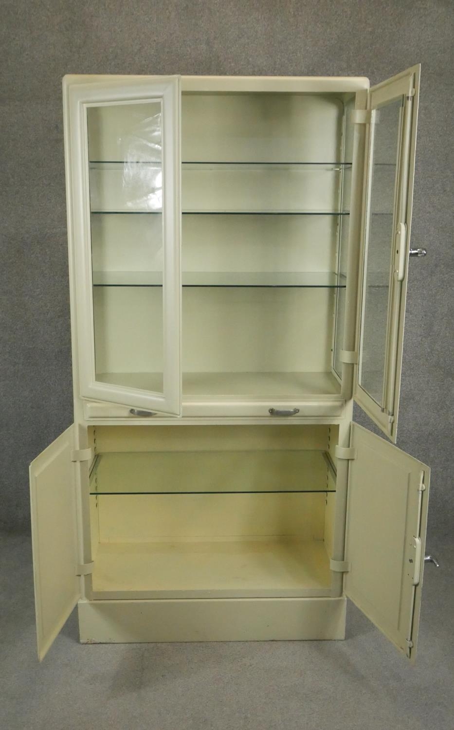 A vintage medical style metal cabinet with glazed upper section above pull out slide and panel - Image 2 of 5