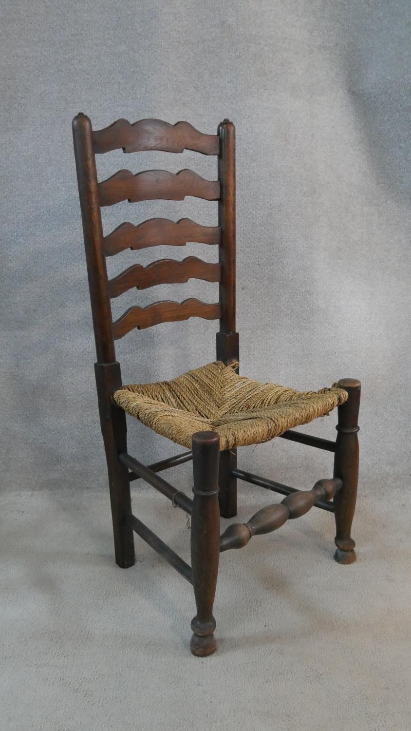 A matched set of six 19th century elm Lancashire ladderback dining chairs on turned stretchered - Image 3 of 10