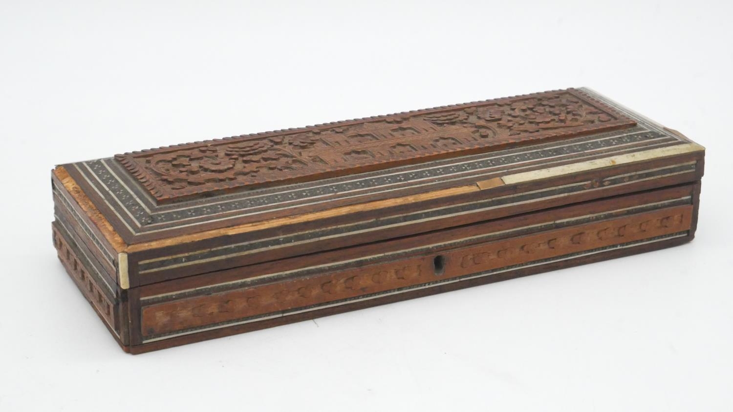 A 19th century walnut Tunbridge inlaid jewellery box and two Damascus style inlaid pen boxes. L.28cm - Image 7 of 8