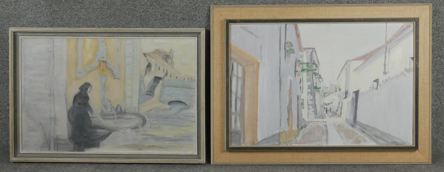 Two framed oils on board, The Street and The Fountain by Elizabeth Darrah, artist's labels to the