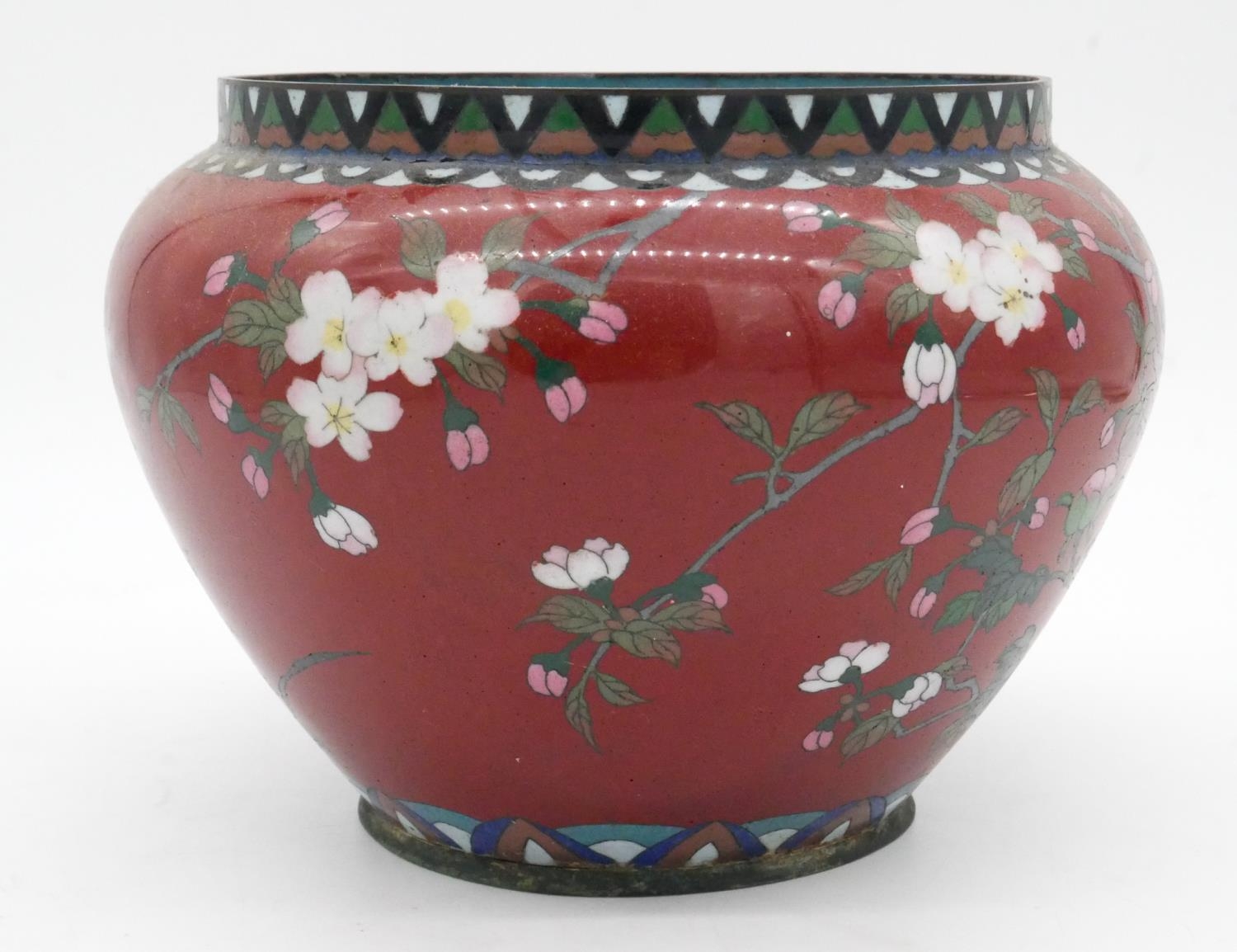 A Meji period Japanese cloisonne enamel on brass jardinere with red ground and decorated with - Image 3 of 5