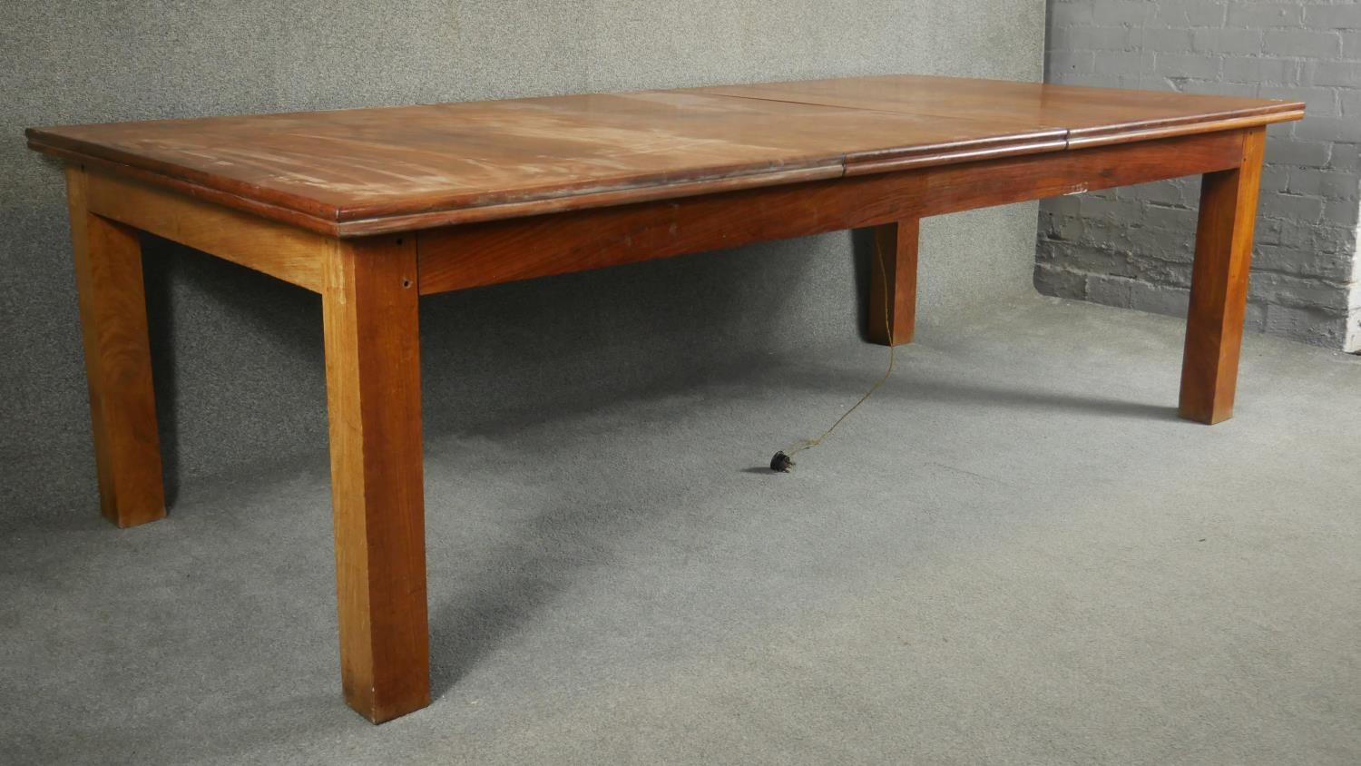A large hardwood dining table on square supports with fixed central leaf. H.76 L.245 D.122cm - Image 2 of 5