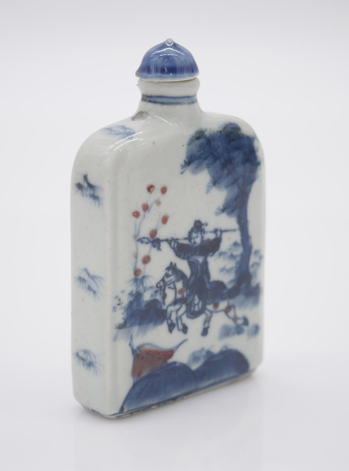 Two Chinese hand painted blue and white porcelain snuff bottles with blue glazed stoppers. One - Image 3 of 8