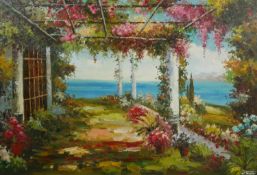 A 20th century framed oil on canvas of a veranda with sea view. Signed W. Petrini, certificate of