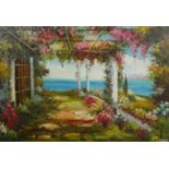 A 20th century framed oil on canvas of a veranda with sea view. Signed W. Petrini, certificate of