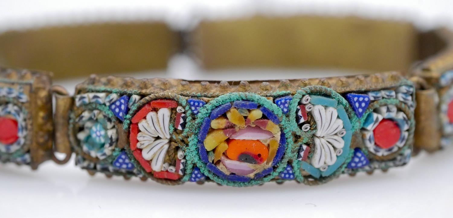 A Peking enamel panel articulated bracelet, a micro mosaic floral design bracelet and two white - Image 10 of 10
