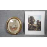 A gilt oval framed oleograph of a little girl on a chair and one unframed mezzotint of John