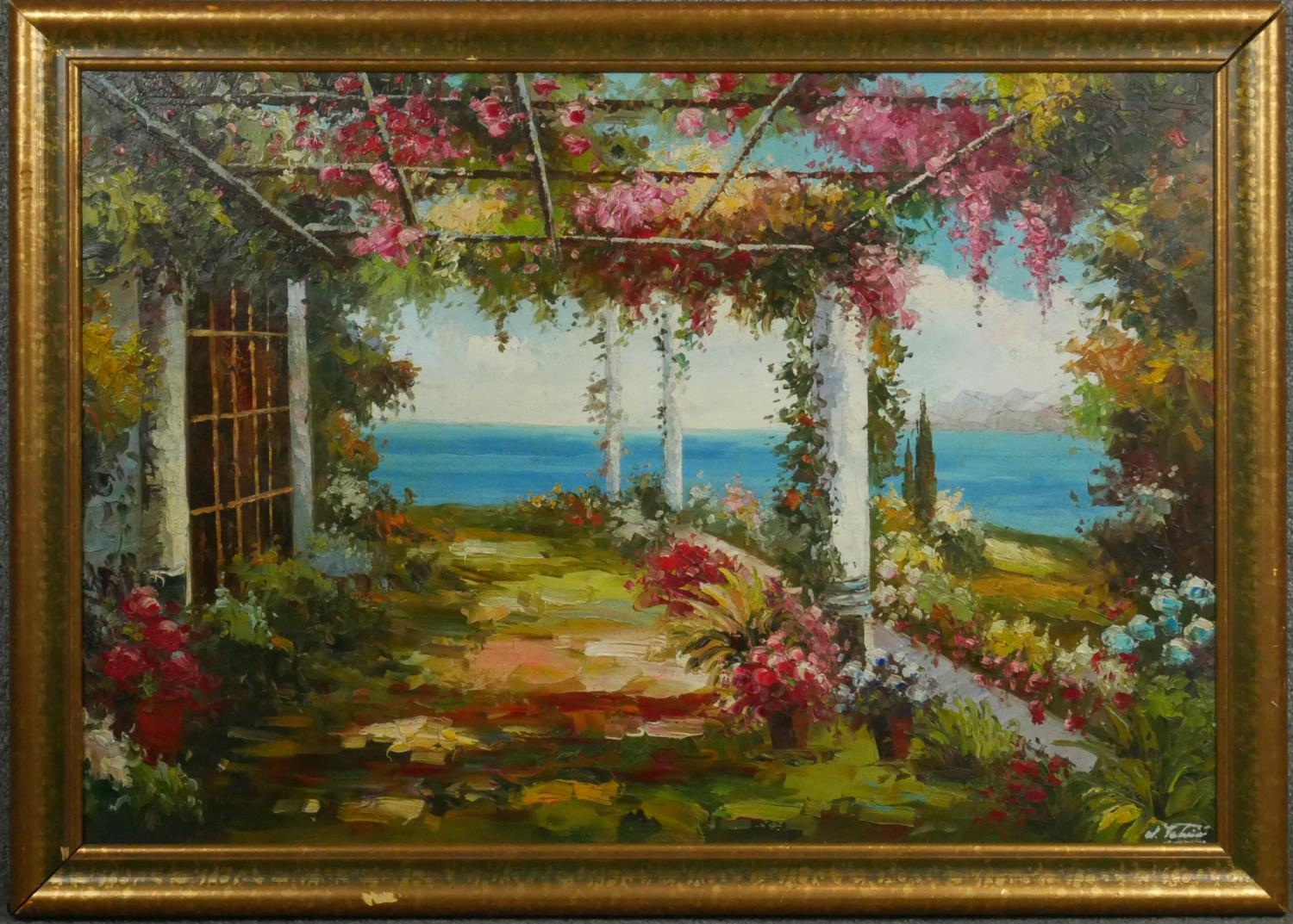 A 20th century framed oil on canvas of a veranda with sea view. Signed W. Petrini, certificate of - Image 2 of 7