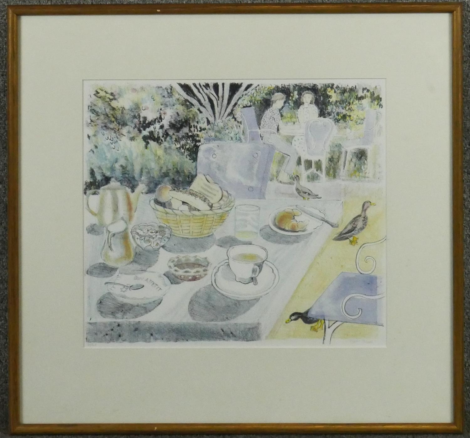 A framed and glazed aquatint, Breakfast with Ducks, Provence, signed Virginia Powell. H.62 W.64cm - Image 2 of 6