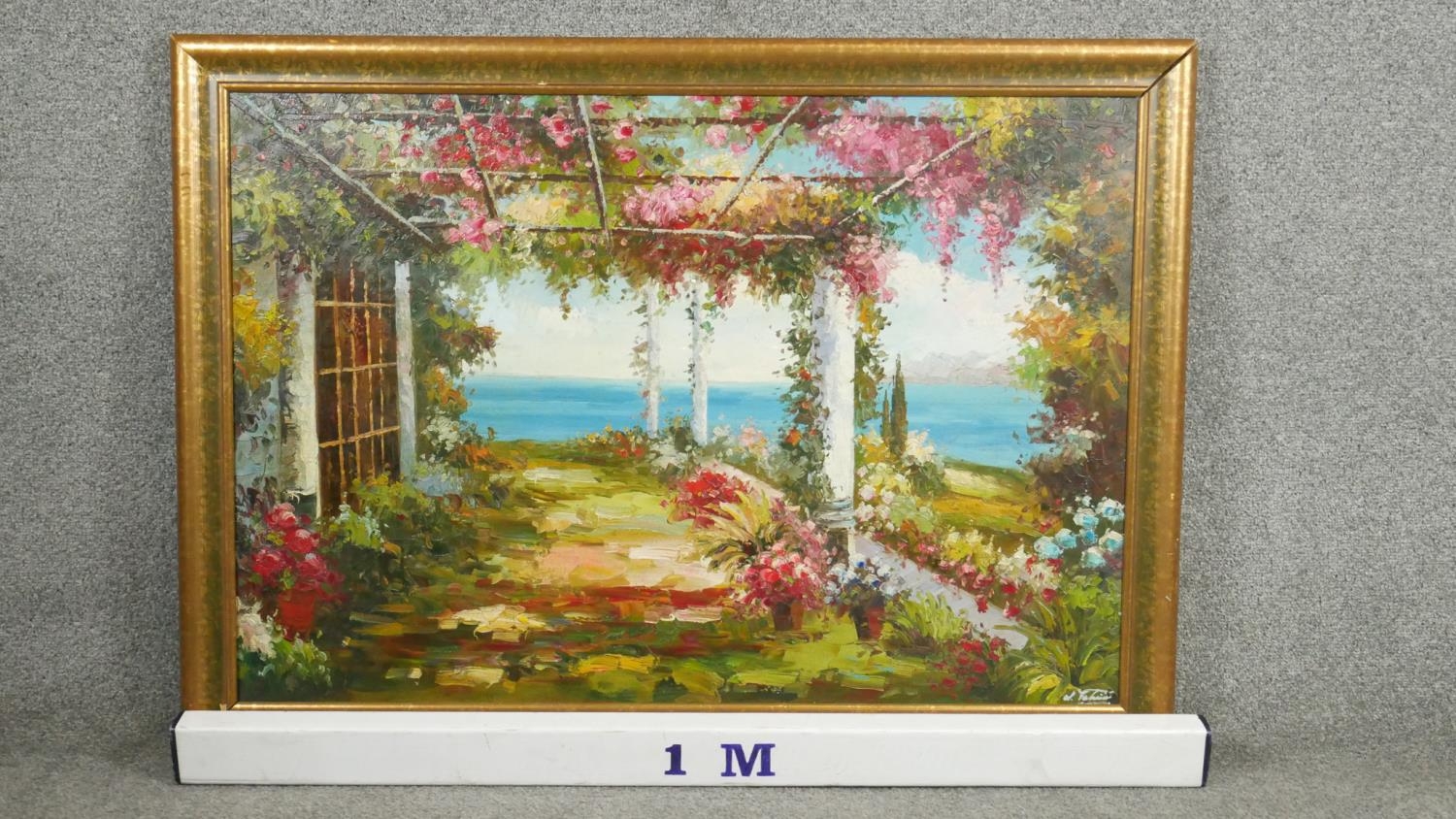 A 20th century framed oil on canvas of a veranda with sea view. Signed W. Petrini, certificate of - Image 7 of 7