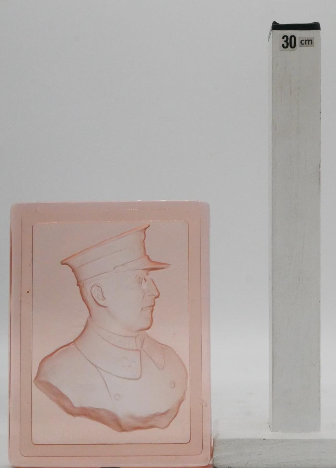 A Val St Lambert peach intaglio glass panel with a male military profile in relief. H.18 W.14cm - Image 6 of 6