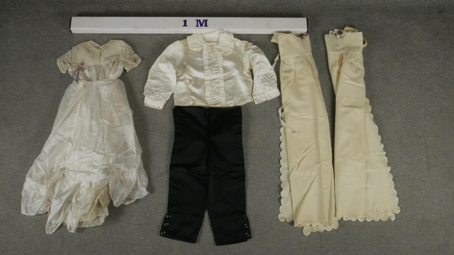 Four Victorian lace and silk christening outfits. One for a little boy with black trousers and three - Image 7 of 7