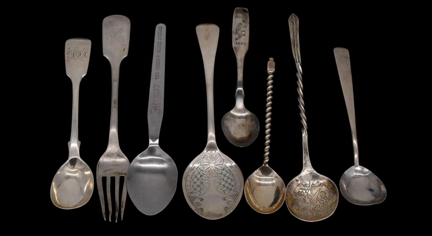 A collection of silver and silver plate cutlery. Including two Russian silver cake forks, a - Image 2 of 6
