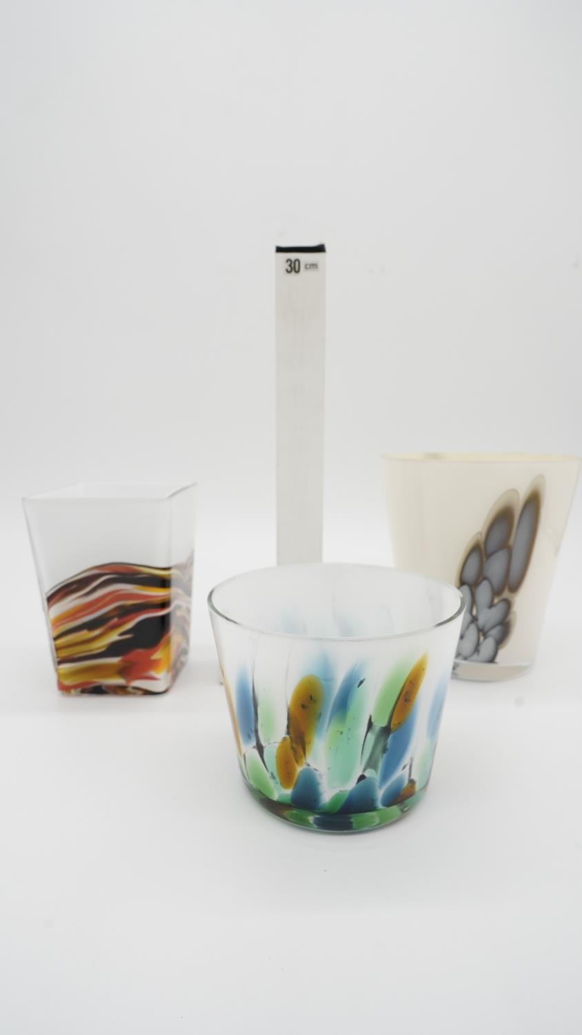 Three Art Glass vases with coloured marbling to the clear glass with opaque white glass core. H.16 - Image 2 of 6