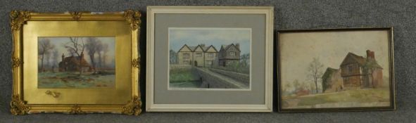 Three framed and glazed watercolors of houses. One of Chorley Hall, Alderley Edge, indistinctly