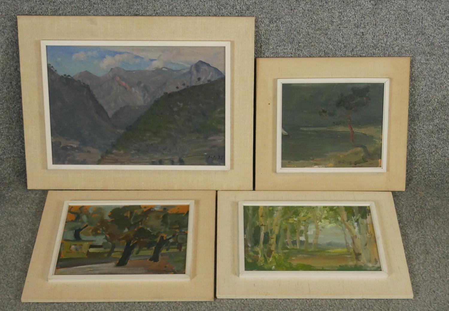 Four framed oils on board, landscape studies, indistinctly signed all by the same hand. H.35 W.45cm
